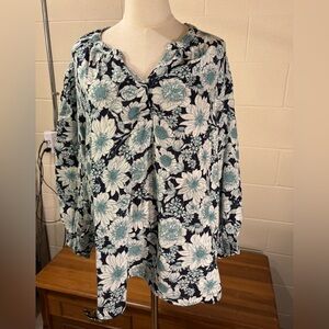 Time and Tru Floral Navy, Cream, and Blue Blouse